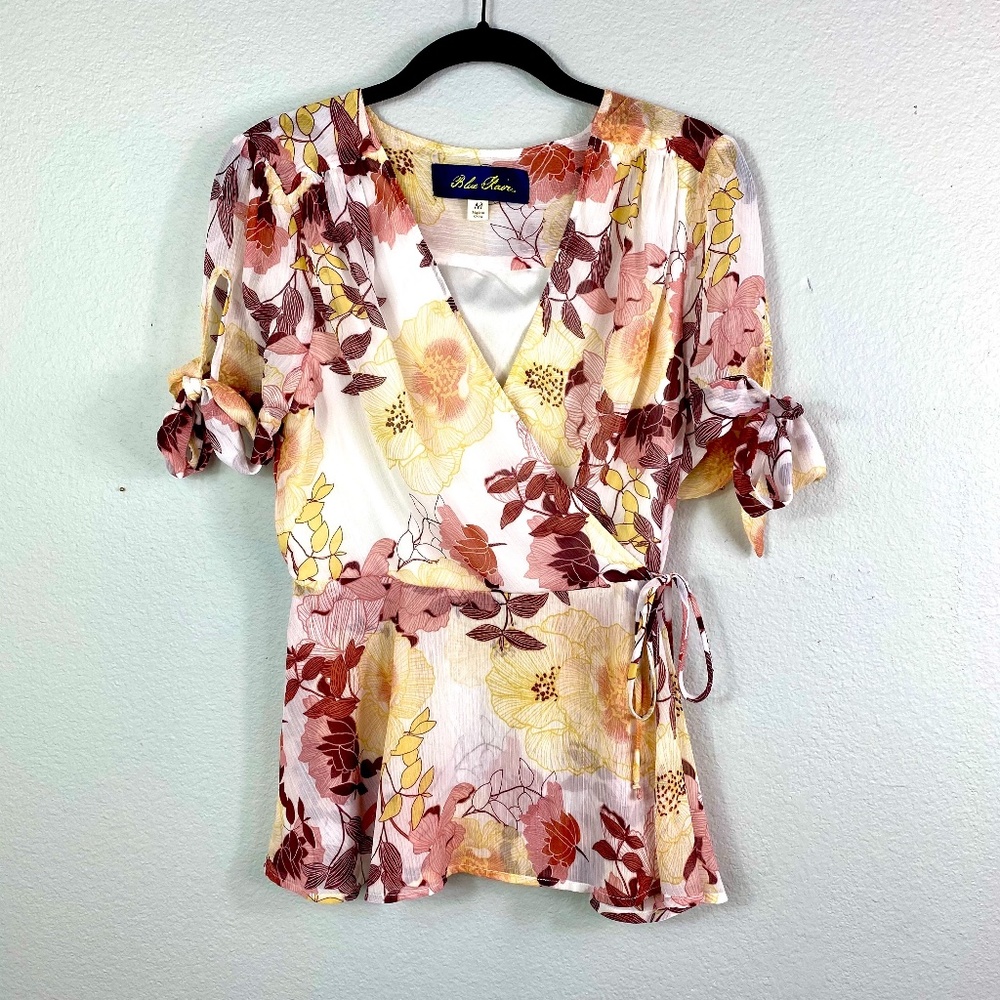 Blue Rain Floral Empire Waist Wrap Top